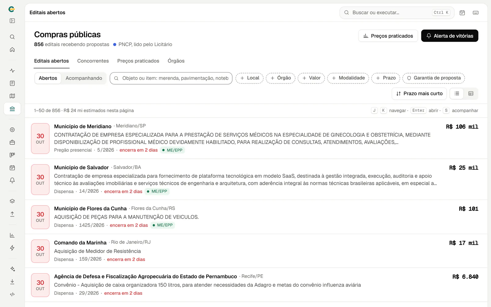 Editais abertos nas compras públicas, com órgão, valor estimado, prazo e garantia