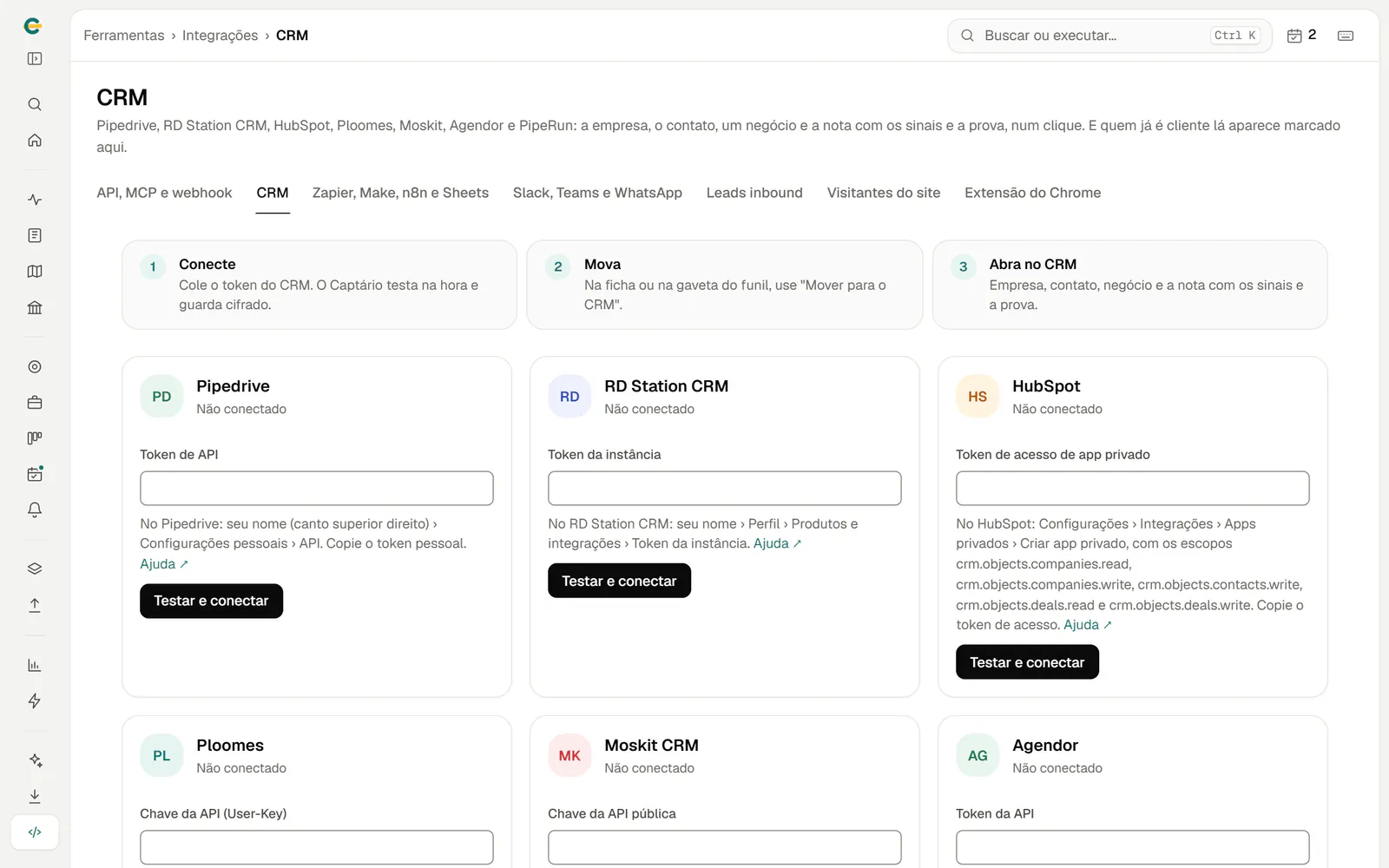 Conectores de CRM: Pipedrive, RD Station CRM, HubSpot, Ploomes, Moskit e Agendor