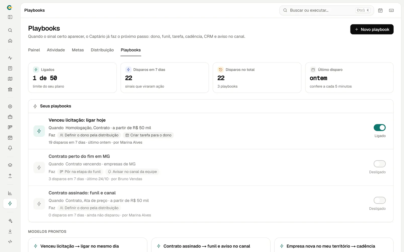 Playbooks: quando um sinal aparece, o próximo passo é feito sozinho, com os disparos da semana