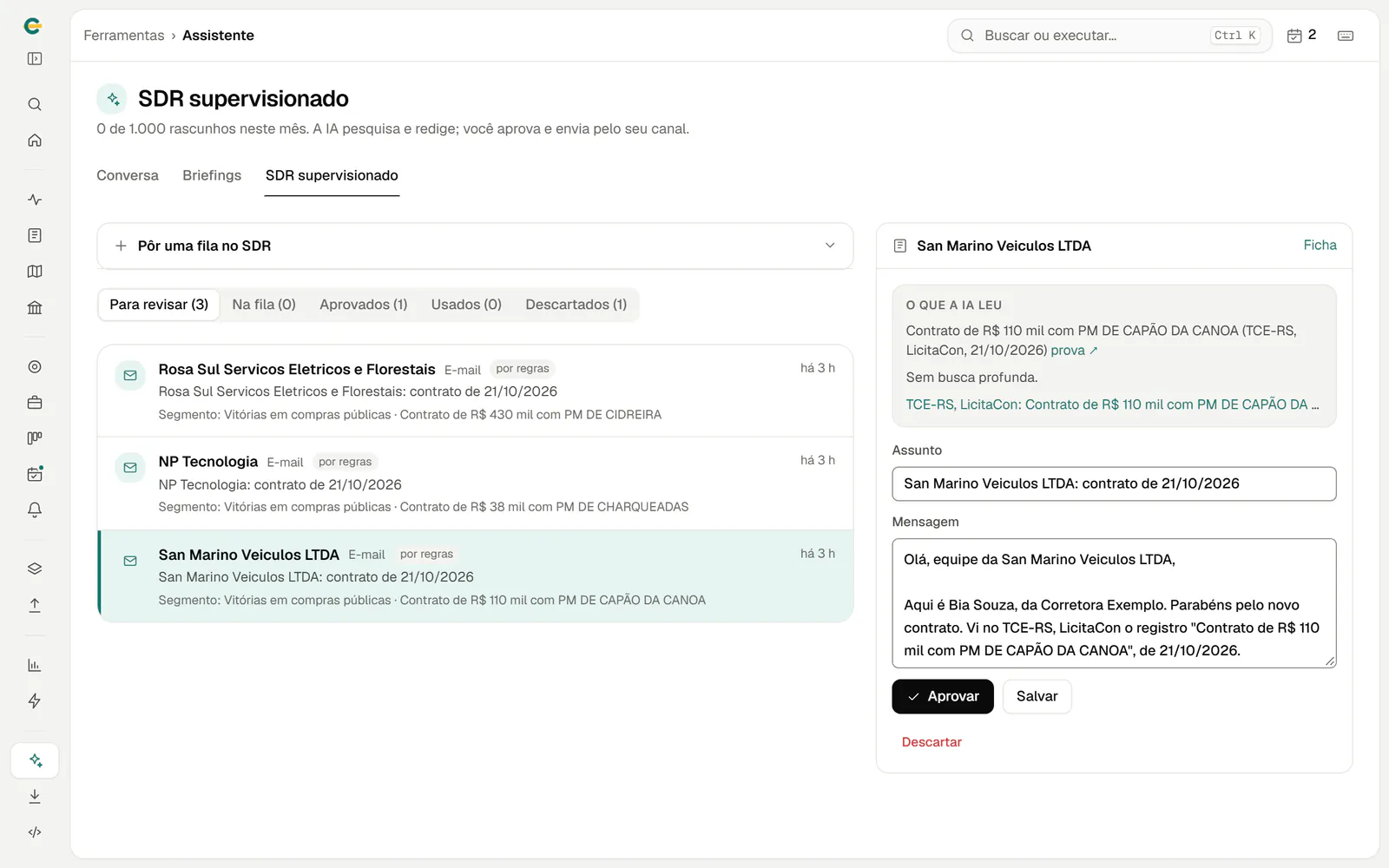 SDR supervisionado: rascunho do primeiro contato escrito pela IA, esperando revisão e aprovação